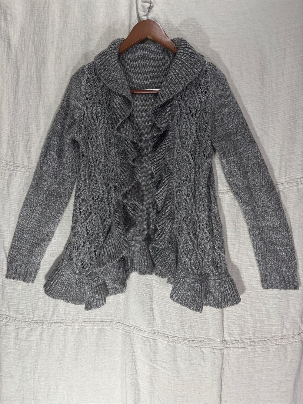 By Design Gray Marled Shimmer Ruffle-Trim Cable Knit Cardigan Sweater Size S/M